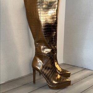 Gold Metallic Crocodile Embossed Platform Stiletto Heel Over The‎ Knee Boots
